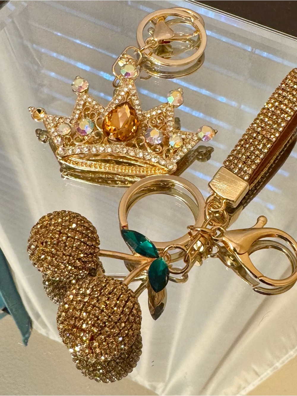 Golden Light Brown  Crown & Cherry Keychain with green leaves